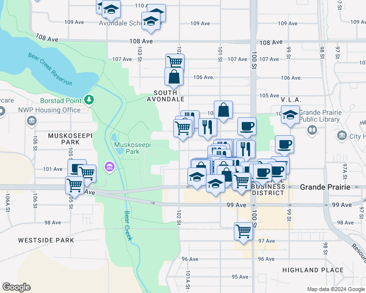 map of restaurants, bars, coffee shops, grocery stores, and more near 203 102 Street in Grande Prairie