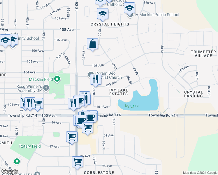 map of restaurants, bars, coffee shops, grocery stores, and more near 9025 103 Avenue in Grande Prairie