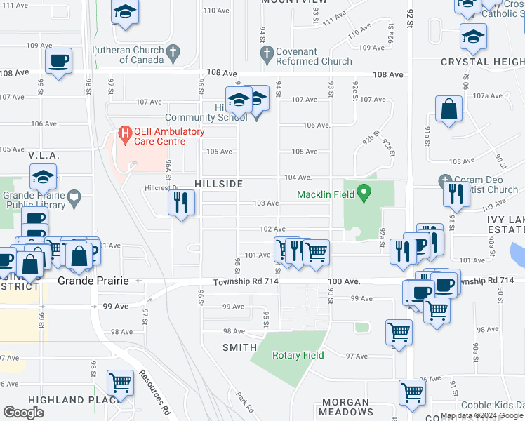 map of restaurants, bars, coffee shops, grocery stores, and more near 9407 103 Avenue in Grande Prairie