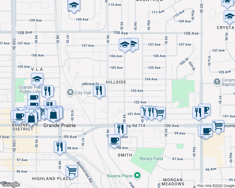 map of restaurants, bars, coffee shops, grocery stores, and more near 9507 103 Avenue in Grande Prairie