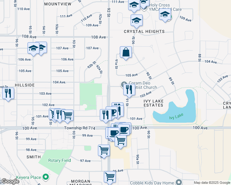 map of restaurants, bars, coffee shops, grocery stores, and more near 9111 104 Avenue in Grande Prairie
