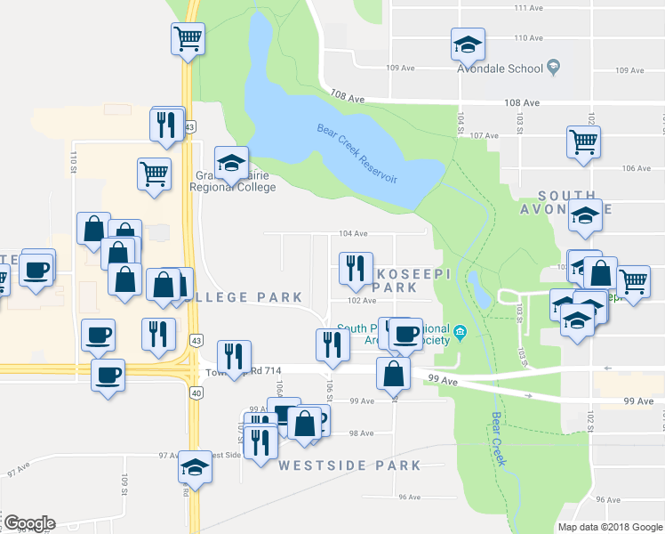 map of restaurants, bars, coffee shops, grocery stores, and more near 14907 103 Avenue in Grande Prairie