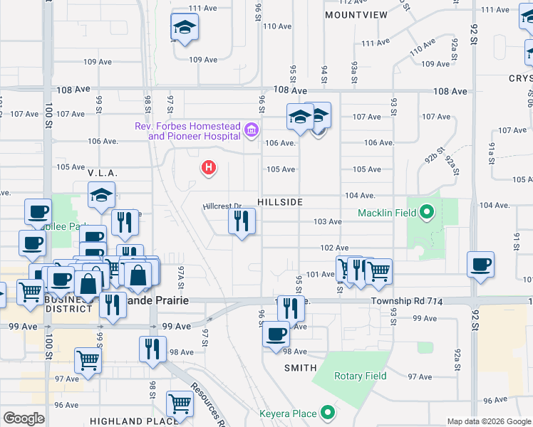 map of restaurants, bars, coffee shops, grocery stores, and more near 9516 103 Avenue in Grande Prairie