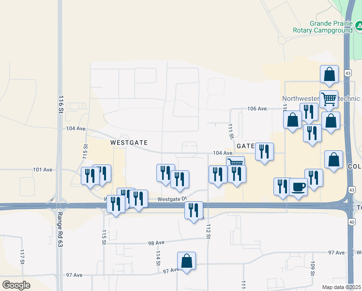 map of restaurants, bars, coffee shops, grocery stores, and more near 11353 104 Avenue in Grande Prairie