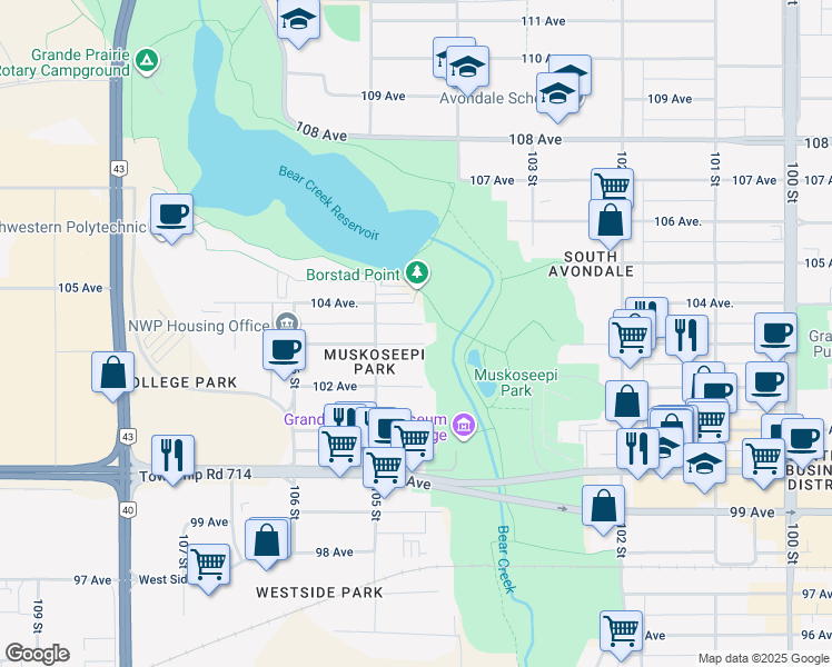 map of restaurants, bars, coffee shops, grocery stores, and more near 10418 103 Avenue in Grande Prairie