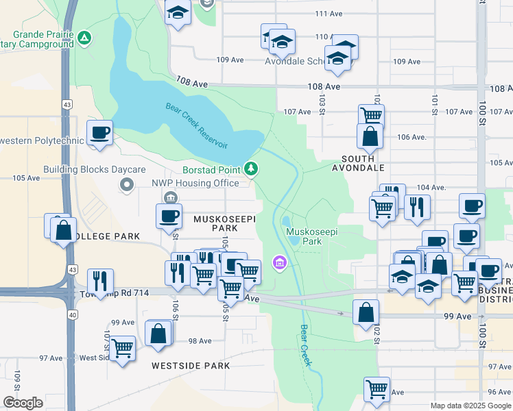 map of restaurants, bars, coffee shops, grocery stores, and more near 10414 103 Avenue in Grande Prairie