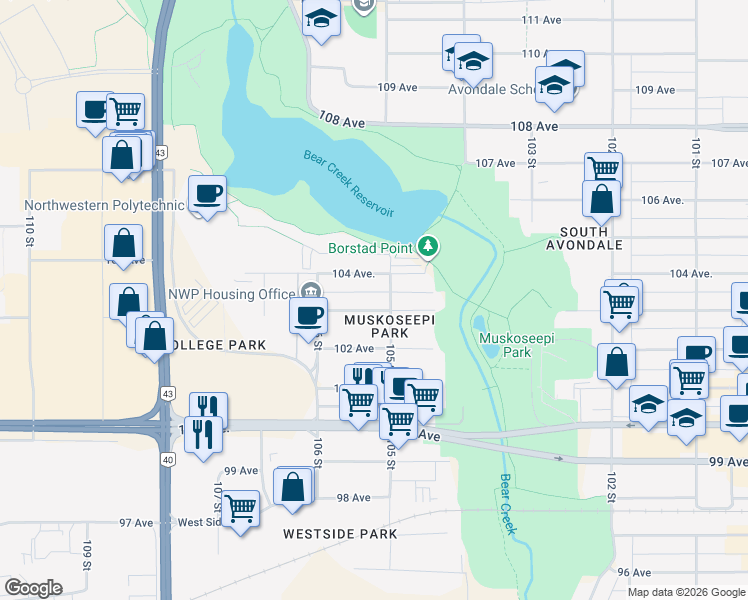 map of restaurants, bars, coffee shops, grocery stores, and more near 10508 103 Avenue in Grande Prairie