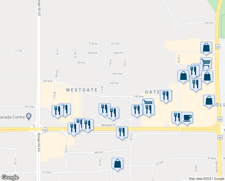 map of restaurants, bars, coffee shops, grocery stores, and more near in Grande Prairie