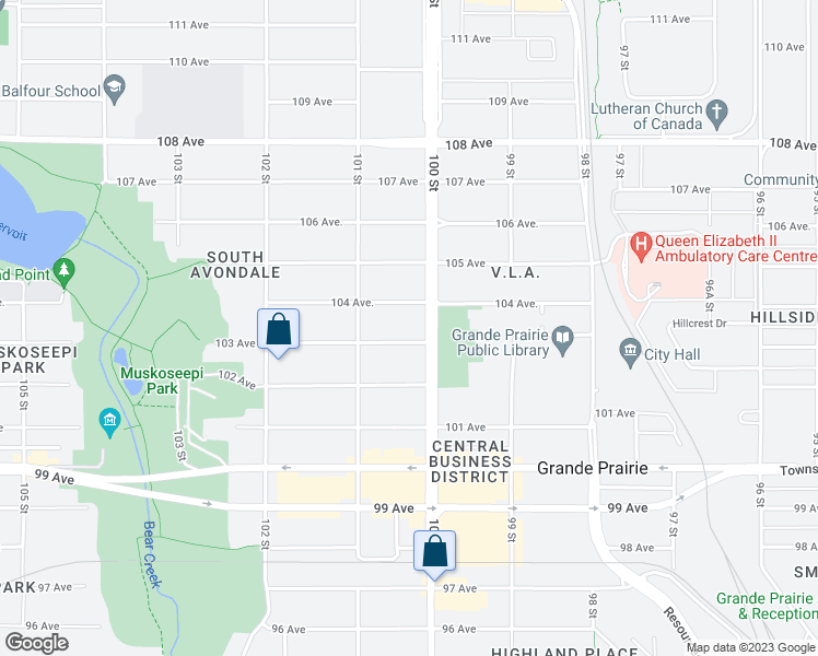 map of restaurants, bars, coffee shops, grocery stores, and more near 10010 A 103 Avenue in Grande Prairie