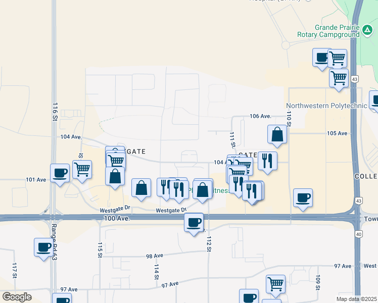 map of restaurants, bars, coffee shops, grocery stores, and more near 11230 104 Avenue in Grande Prairie