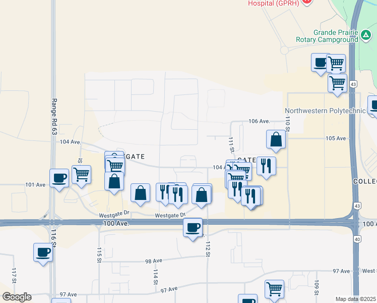 map of restaurants, bars, coffee shops, grocery stores, and more near 11230 104 Avenue in Grande Prairie