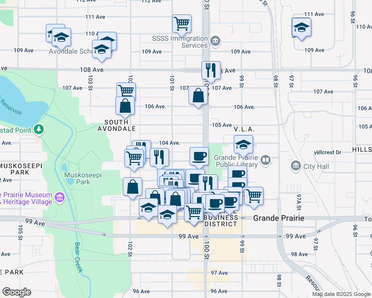 map of restaurants, bars, coffee shops, grocery stores, and more near 10026 B 104 Avenue in Grande Prairie