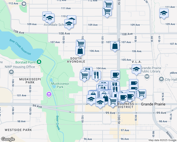 map of restaurants, bars, coffee shops, grocery stores, and more near 10129 104 Avenue in Grande Prairie