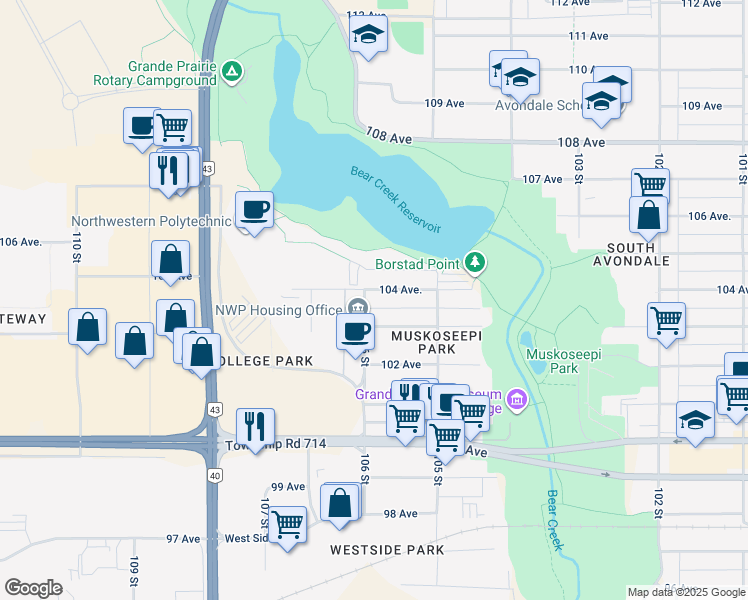 map of restaurants, bars, coffee shops, grocery stores, and more near 10315 106 Street in Grande Prairie