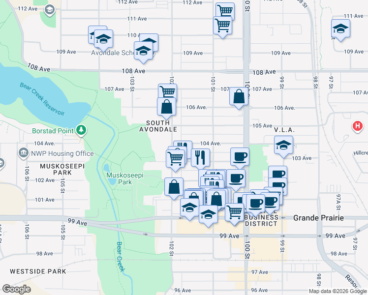 map of restaurants, bars, coffee shops, grocery stores, and more near 10129 104 Avenue in Grande Prairie