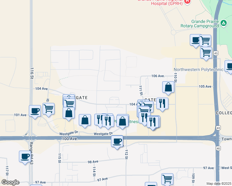 map of restaurants, bars, coffee shops, grocery stores, and more near 11314 105 Avenue in Grande Prairie