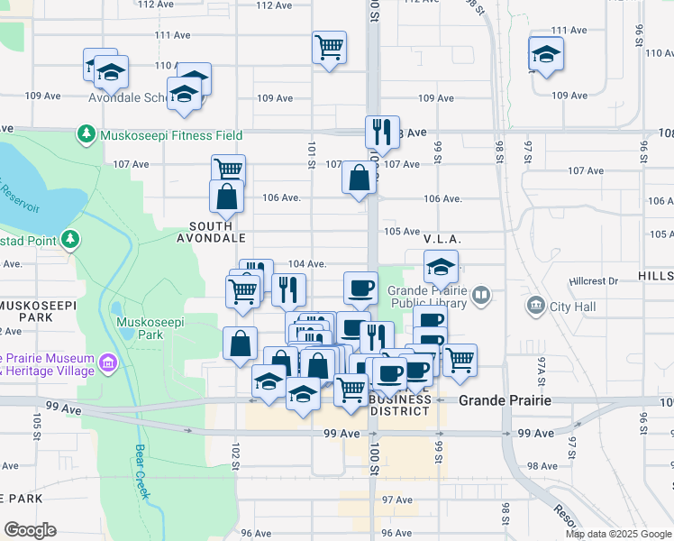 map of restaurants, bars, coffee shops, grocery stores, and more near 10019 104 Avenue in Grande Prairie