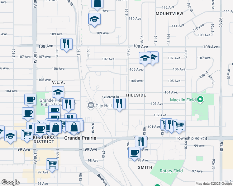 map of restaurants, bars, coffee shops, grocery stores, and more near 9656 Hillcrest Drive in Grande Prairie