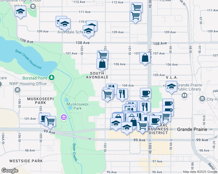 map of restaurants, bars, coffee shops, grocery stores, and more near 10401 102 Street in Grande Prairie