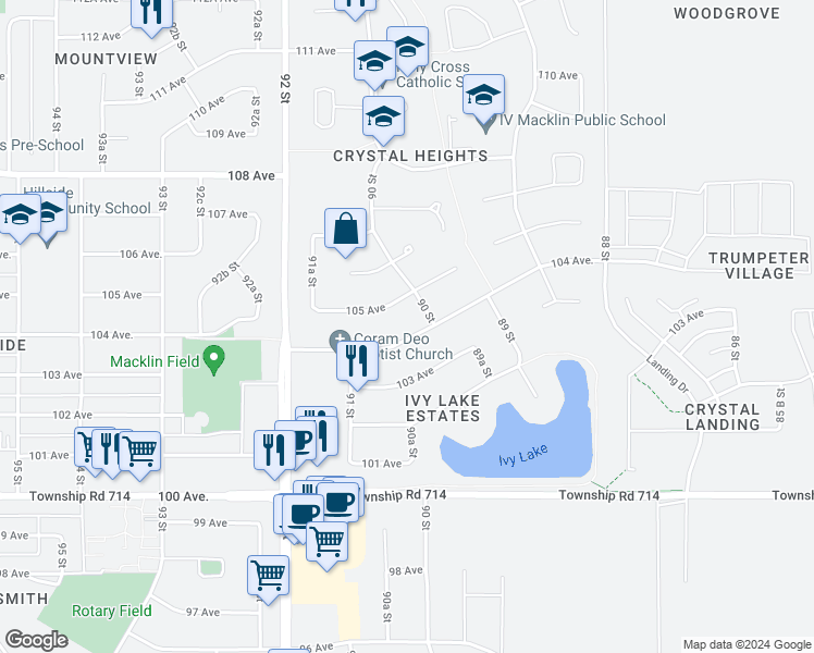 map of restaurants, bars, coffee shops, grocery stores, and more near 9024 104 Avenue in Grande Prairie