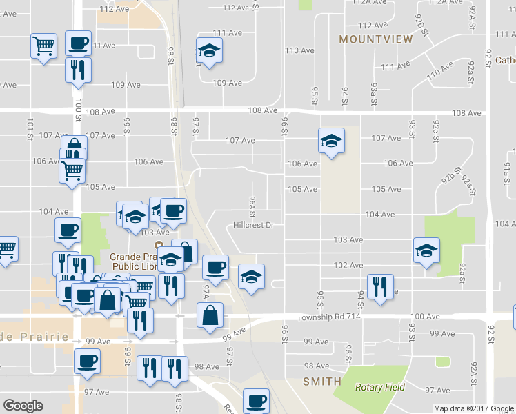 map of restaurants, bars, coffee shops, grocery stores, and more near 10401 96A Street in Grande Prairie