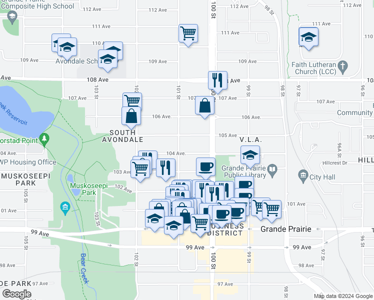 map of restaurants, bars, coffee shops, grocery stores, and more near 10026 B 104 Avenue in Grande Prairie