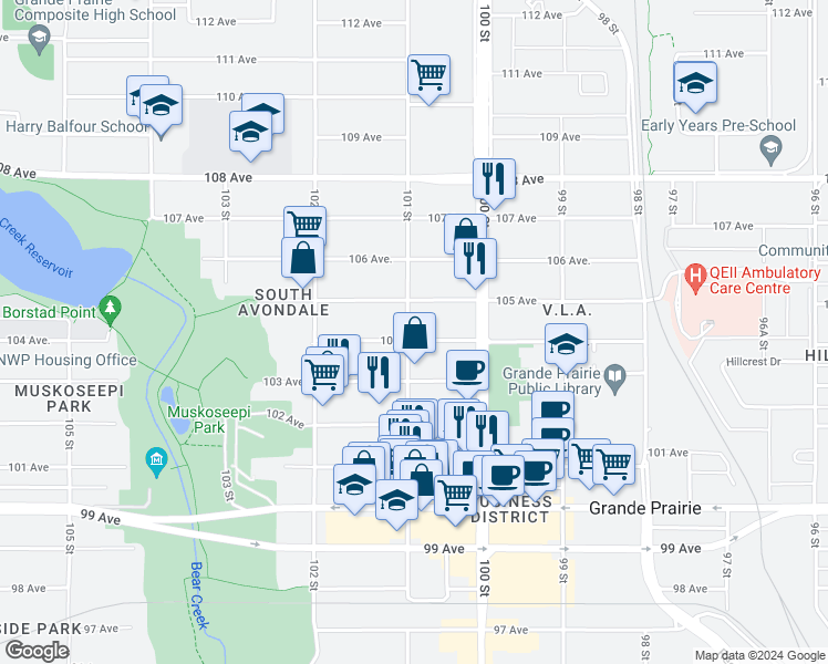 map of restaurants, bars, coffee shops, grocery stores, and more near 10032 104 Avenue in Grande Prairie