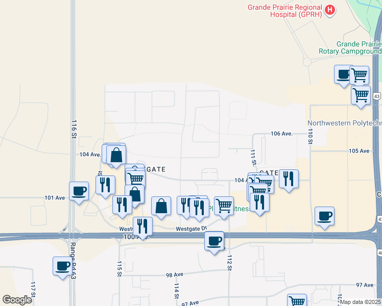 map of restaurants, bars, coffee shops, grocery stores, and more near 11362 105 Avenue in Grande Prairie
