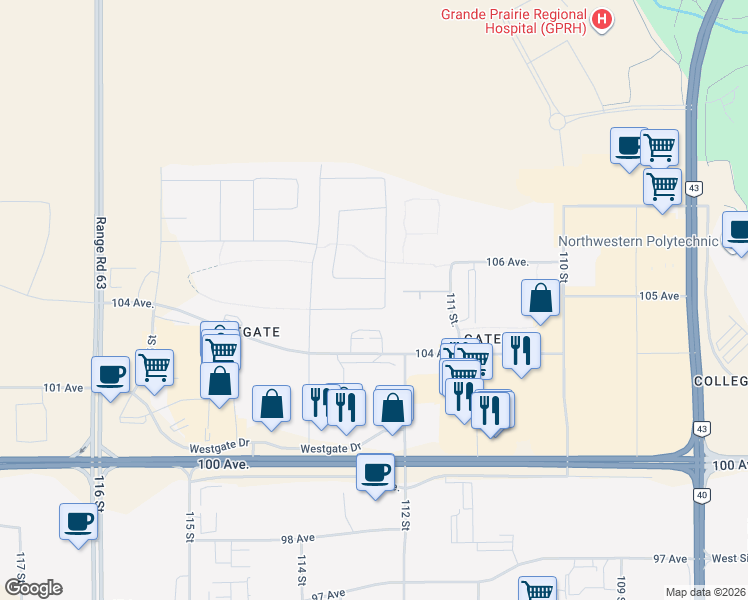 map of restaurants, bars, coffee shops, grocery stores, and more near 11310 105 Avenue in Grande Prairie
