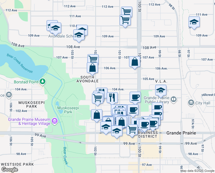 map of restaurants, bars, coffee shops, grocery stores, and more near 10120 104 Avenue in Grande Prairie