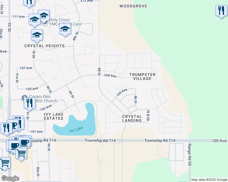 map of restaurants, bars, coffee shops, grocery stores, and more near 8640 103 Avenue in Grande Prairie