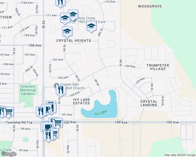 map of restaurants, bars, coffee shops, grocery stores, and more near 10305 89 Street in Grande Prairie