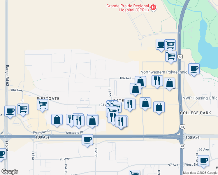 map of restaurants, bars, coffee shops, grocery stores, and more near 10502 111 Street in Grande Prairie