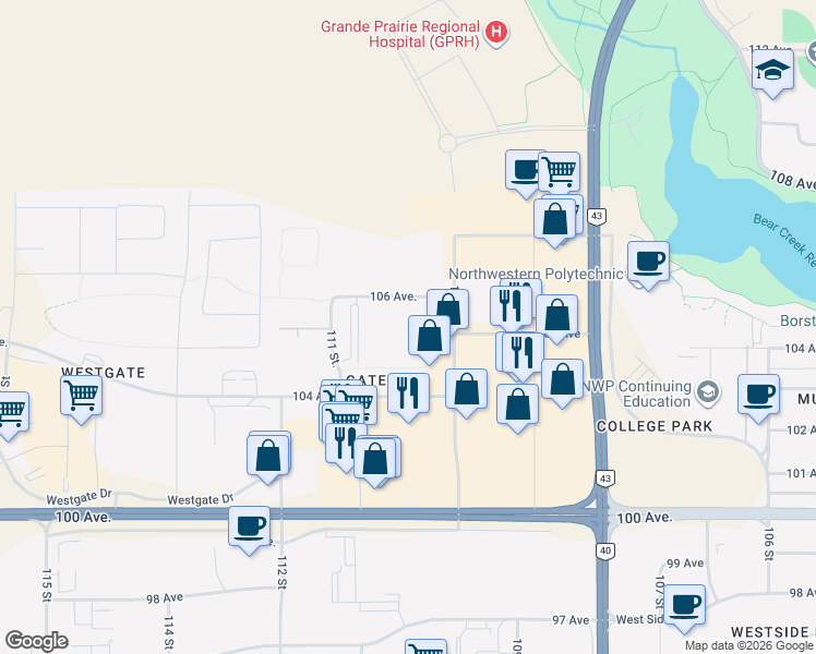 map of restaurants, bars, coffee shops, grocery stores, and more near 11039 106 Avenue in Grande Prairie