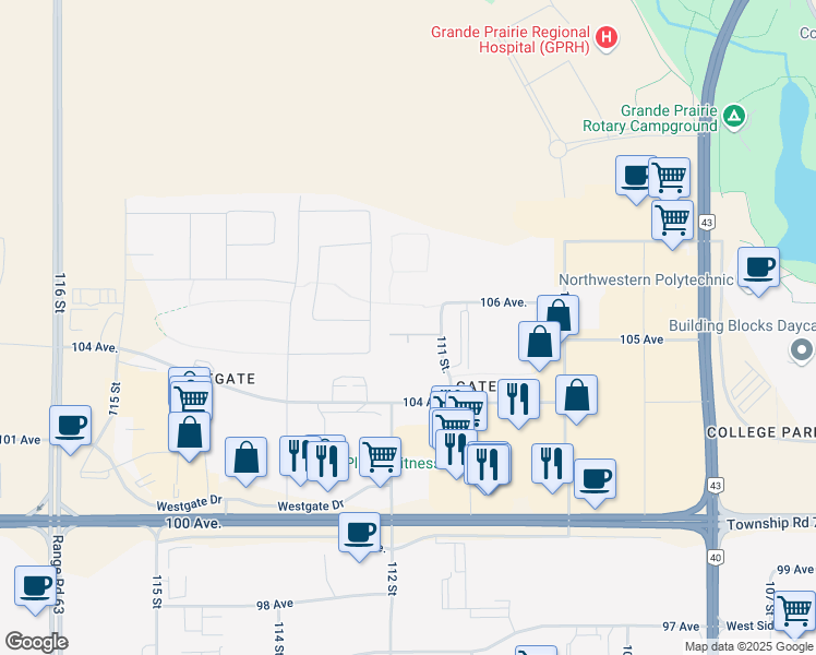 map of restaurants, bars, coffee shops, grocery stores, and more near 10550 111 Street in Grande Prairie