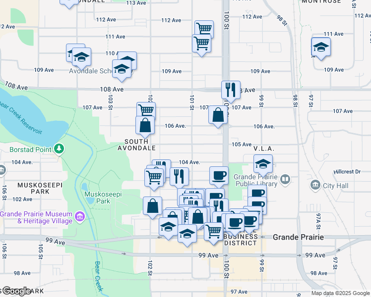 map of restaurants, bars, coffee shops, grocery stores, and more near 10105 105 Avenue in Grande Prairie