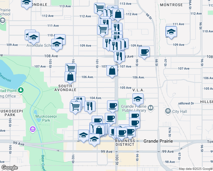 map of restaurants, bars, coffee shops, grocery stores, and more near 10016 105 Avenue in Grande Prairie