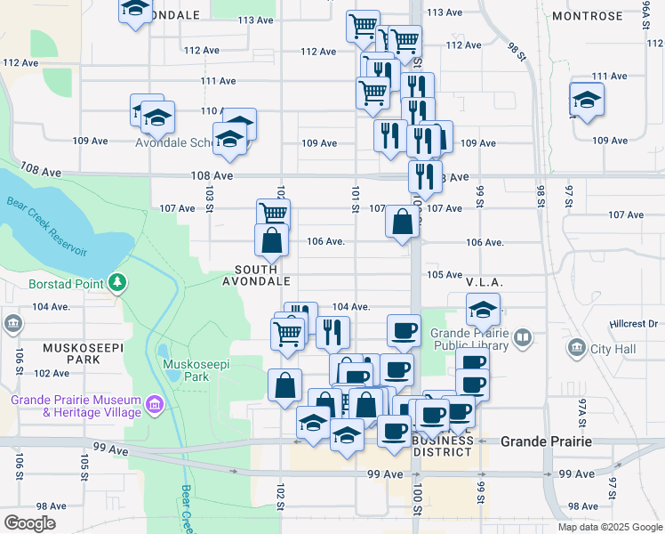 map of restaurants, bars, coffee shops, grocery stores, and more near 10114 105 Avenue in Grande Prairie