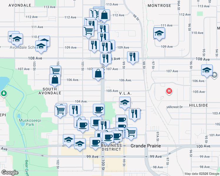 map of restaurants, bars, coffee shops, grocery stores, and more near 9925 106 Avenue in Grande Prairie