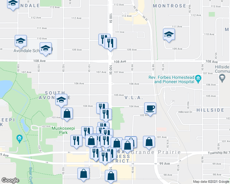 map of restaurants, bars, coffee shops, grocery stores, and more near 9925 106 Avenue in Grande Prairie