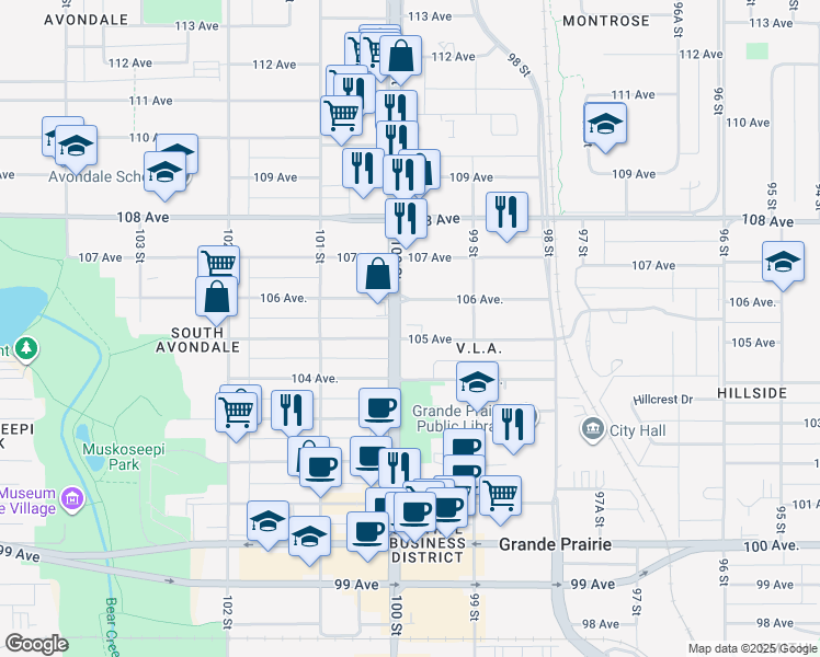 map of restaurants, bars, coffee shops, grocery stores, and more near 9925 106 Avenue in Grande Prairie