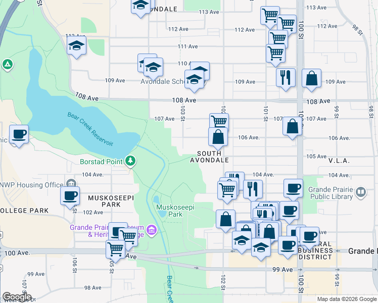 map of restaurants, bars, coffee shops, grocery stores, and more near 10225 106 Avenue in Grande Prairie