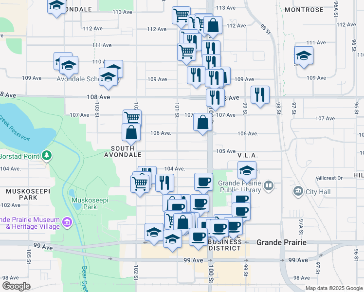 map of restaurants, bars, coffee shops, grocery stores, and more near 10028 105 Avenue in Grande Prairie