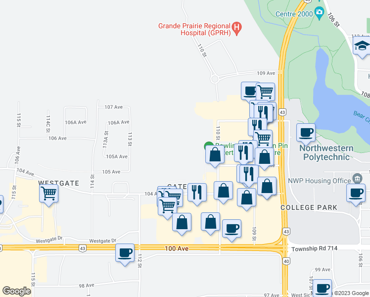 map of restaurants, bars, coffee shops, grocery stores, and more near 11050 106 Avenue in Grande Prairie