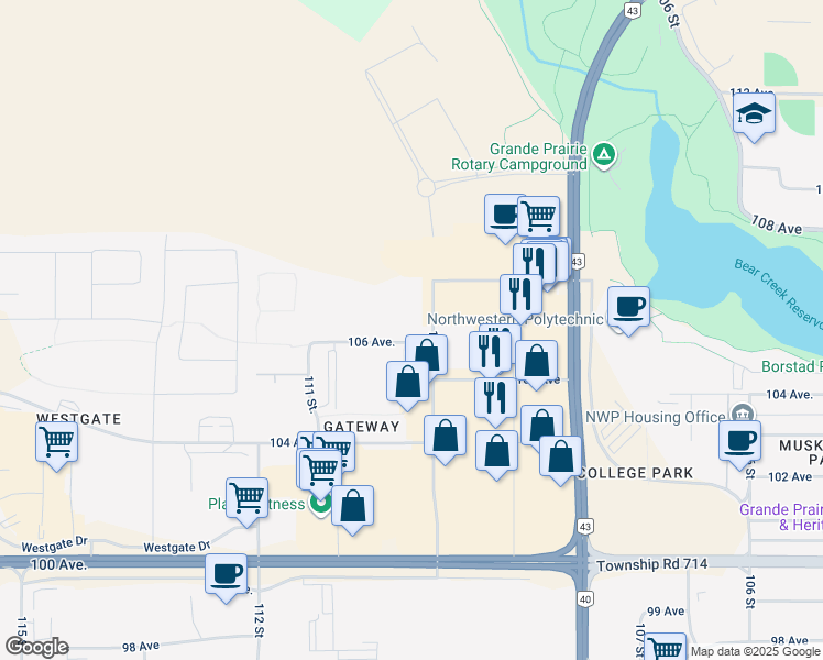 map of restaurants, bars, coffee shops, grocery stores, and more near 11018 106 Avenue in Grande Prairie
