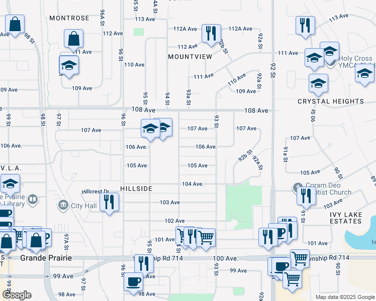 map of restaurants, bars, coffee shops, grocery stores, and more near 9319 106 Avenue in Grande Prairie