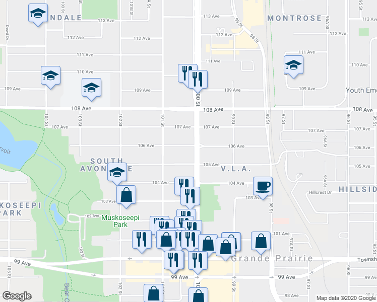 map of restaurants, bars, coffee shops, grocery stores, and more near 10007 106 Avenue in Grande Prairie