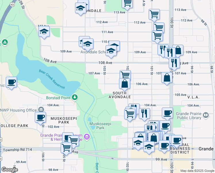 map of restaurants, bars, coffee shops, grocery stores, and more near 10225 106 Avenue in Grande Prairie