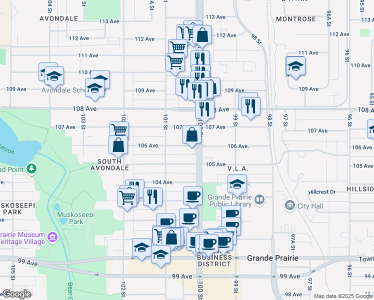 map of restaurants, bars, coffee shops, grocery stores, and more near 10017 106 Avenue in Grande Prairie