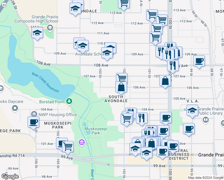map of restaurants, bars, coffee shops, grocery stores, and more near 10217 106 Avenue in Grande Prairie